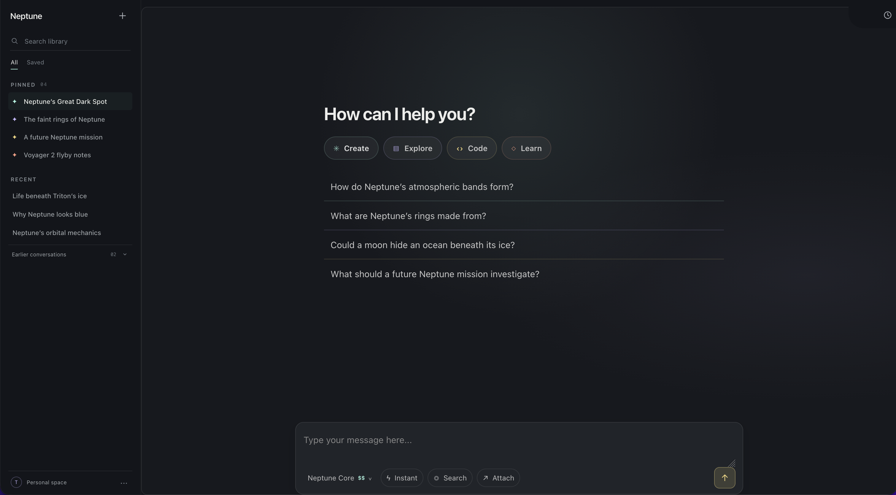 Neptune chat interface with conversation history