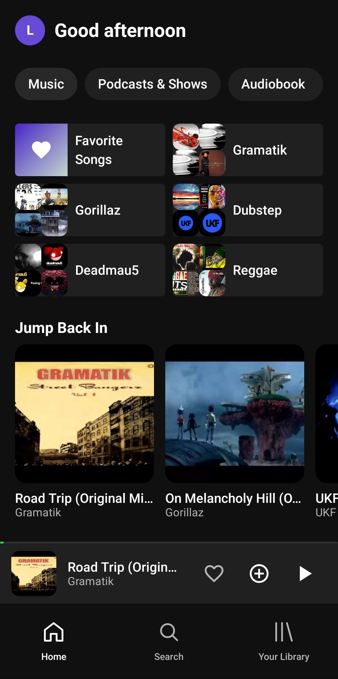 Luno Mobile home screen with music, podcasts and audiobook shortcuts