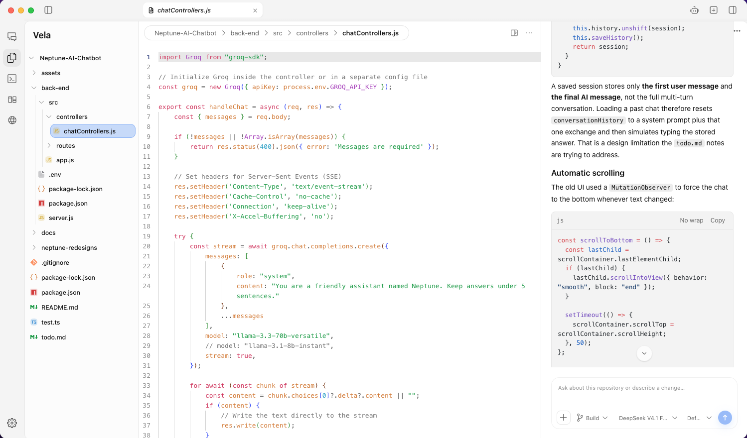 Vela workspace showing a repository, code editor and agent conversation